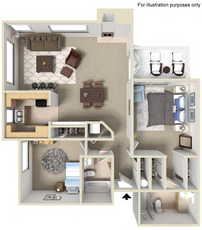 Floor plan for 2 beds, 2 baths, 1026 sqft
